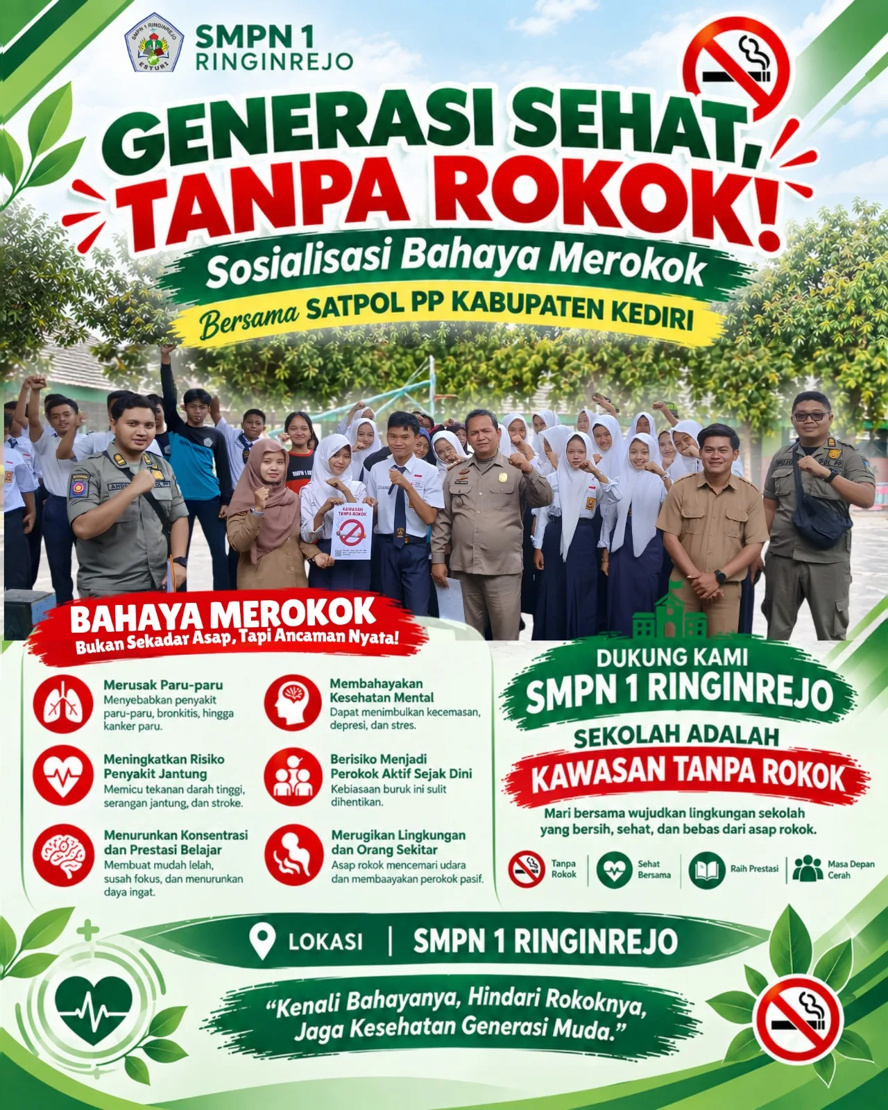 SMPN 1 Ringinrejo Bersama Satpol PP Kabupaten Kediri Gelar Sosialisasi Bahaya Merokok
